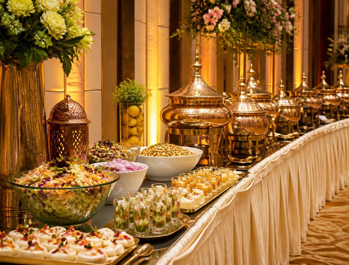 Live buffet counter with copper chafing dishes at Hotel Brahma