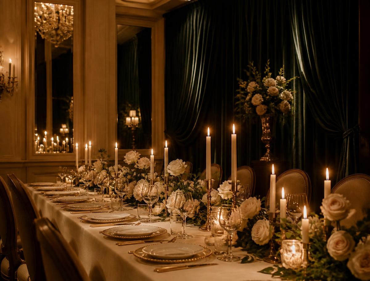 Candlelit anniversary long table with white roses