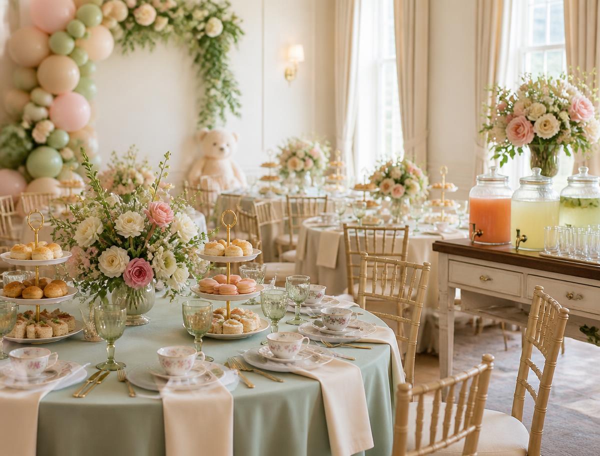 Pastel baby shower high tea setup