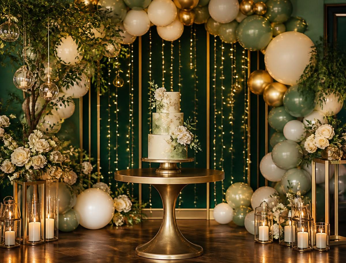 Birthday cake table with balloon arch