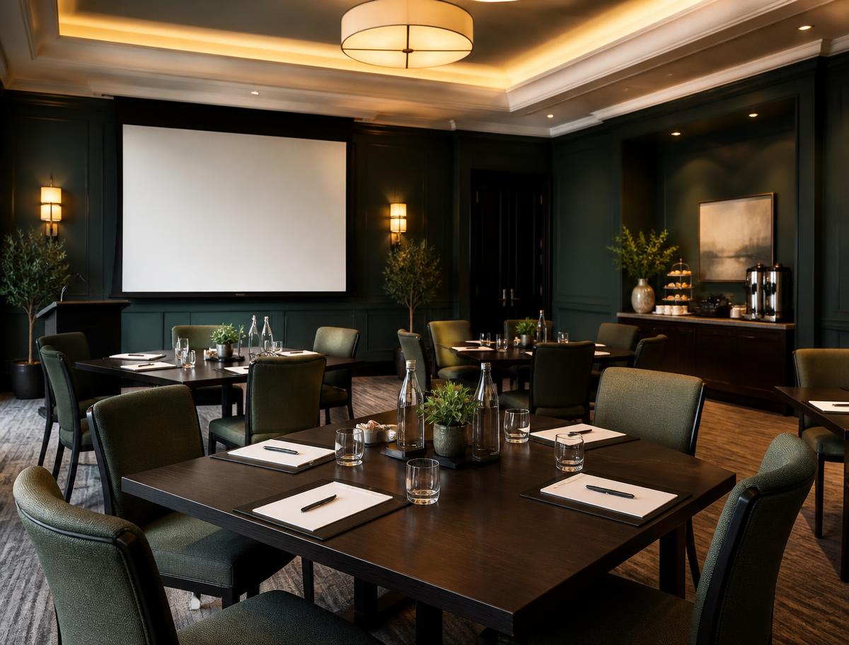 Corporate meeting setup with cluster tables