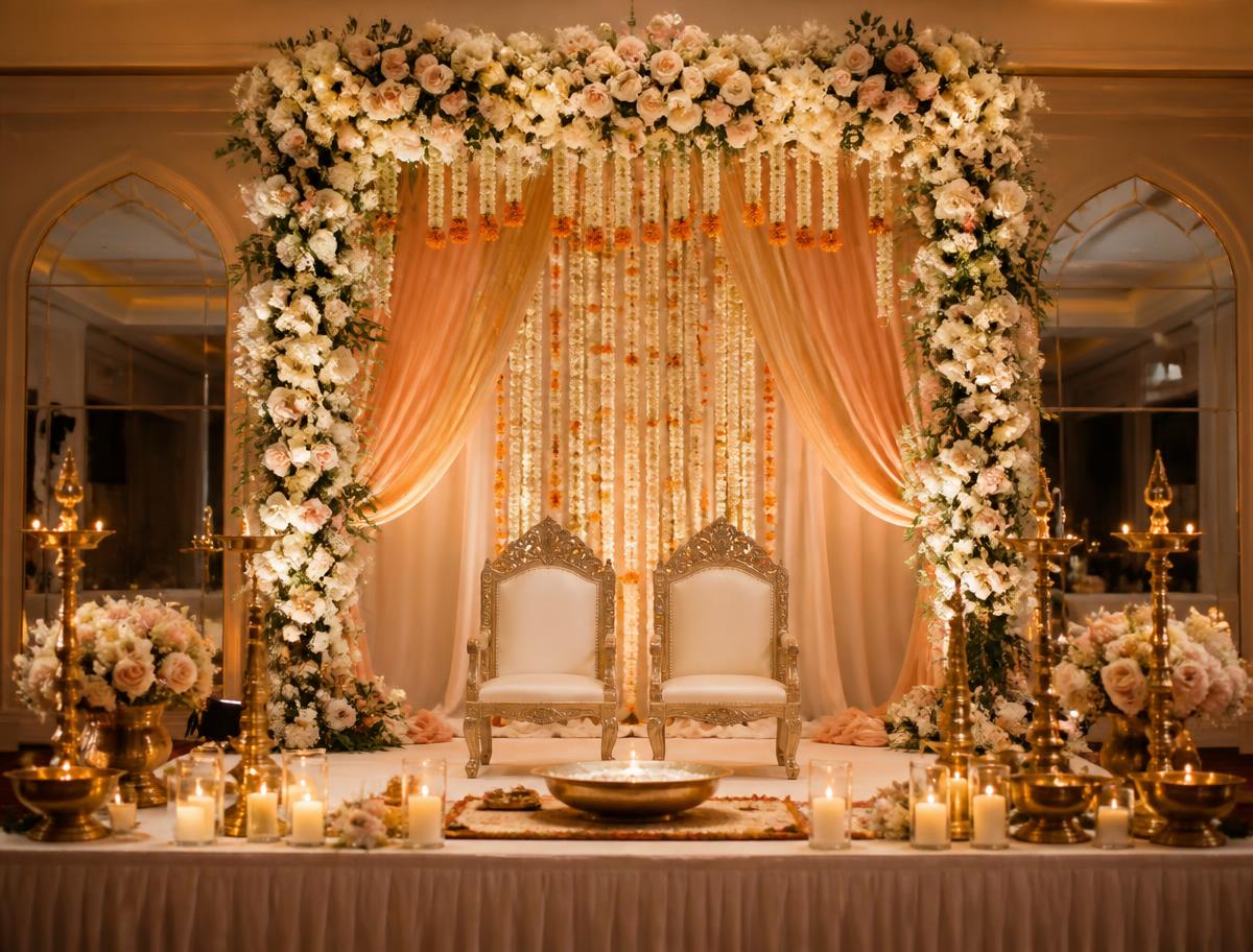Floral engagement stage with brass lamps