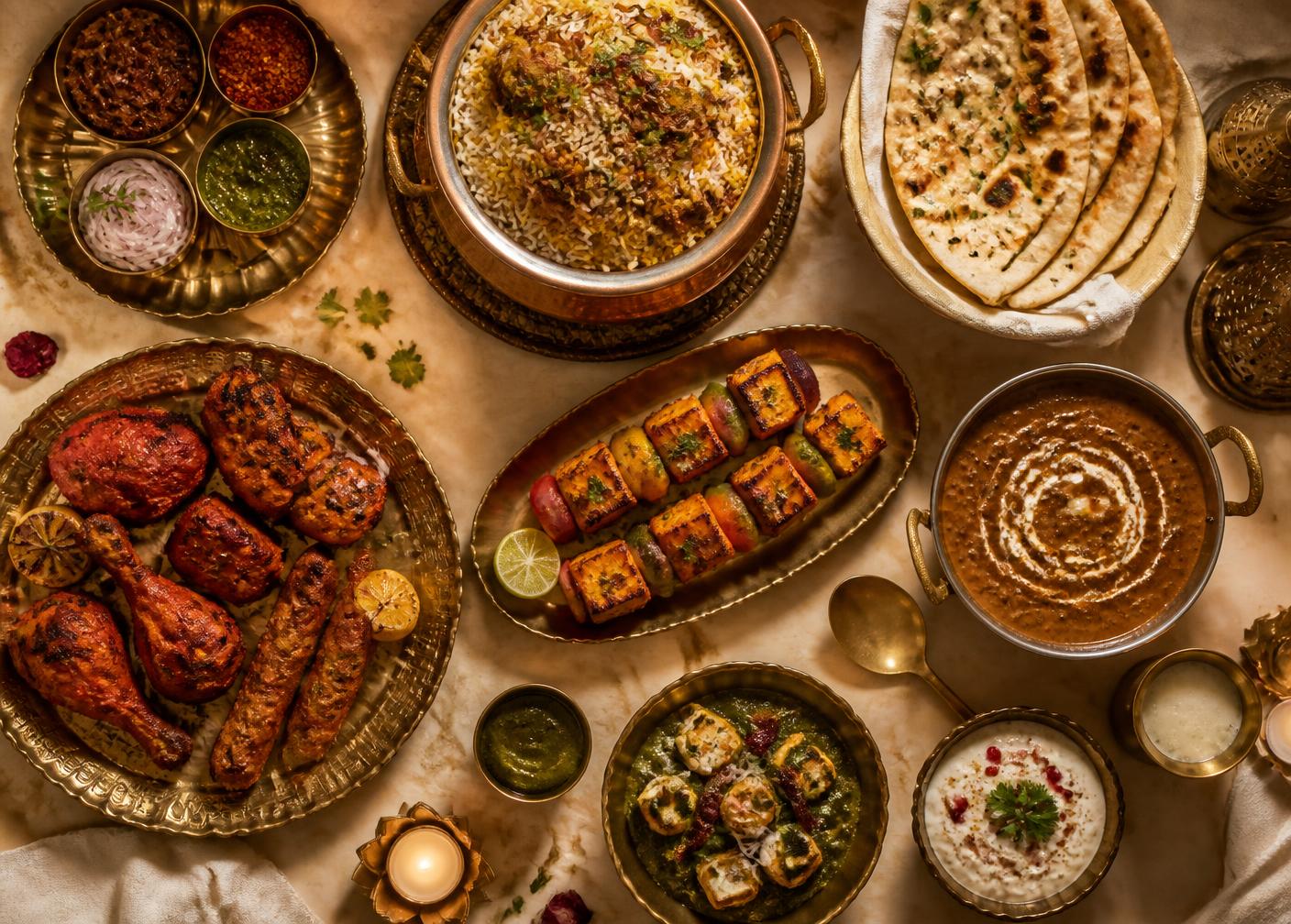 Overhead spread of Indian dishes including biryani and tandoori platter