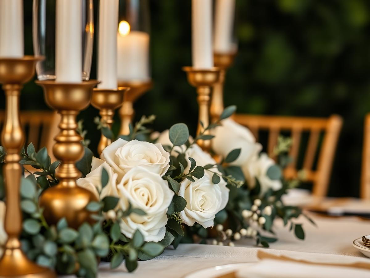 Brass candlesticks and white roses on a Brahma table