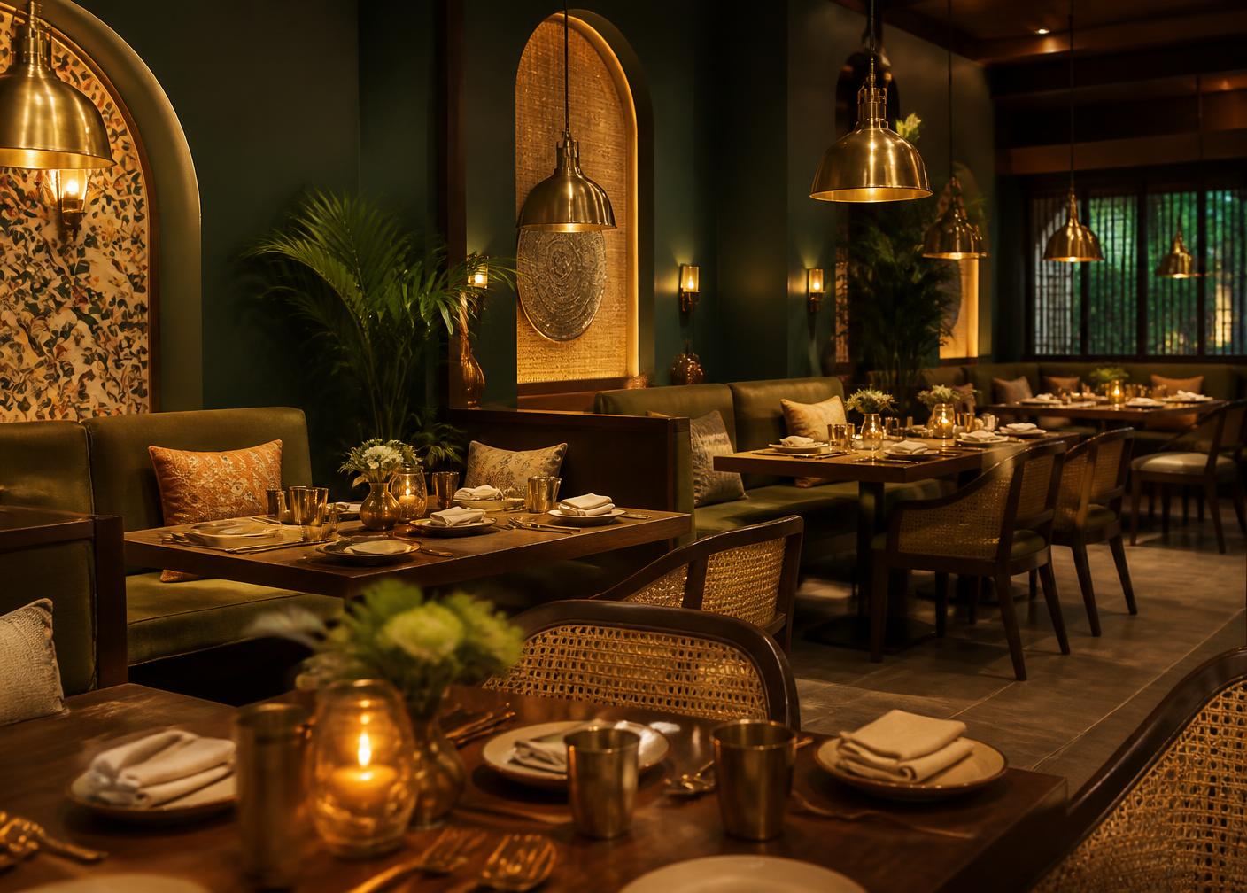 Warm restaurant interior at Hotel Brahma