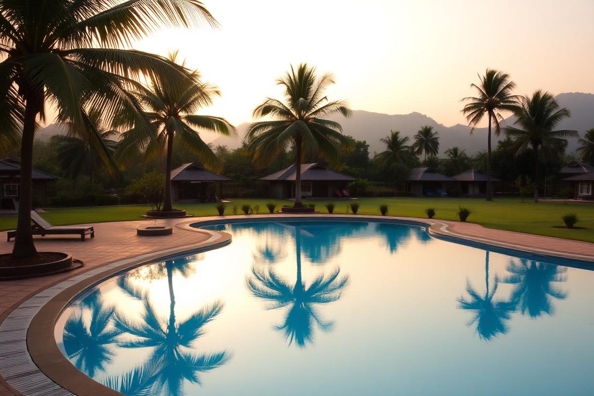Poolside lawns at Krushnai Resort near Pune at golden hour